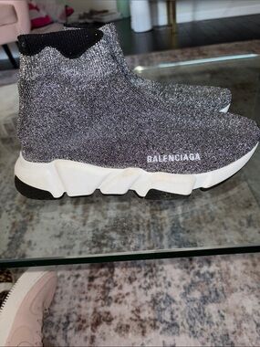 Balenciaga Metallic Silver and Black Knit Speed Trainer Sneakers